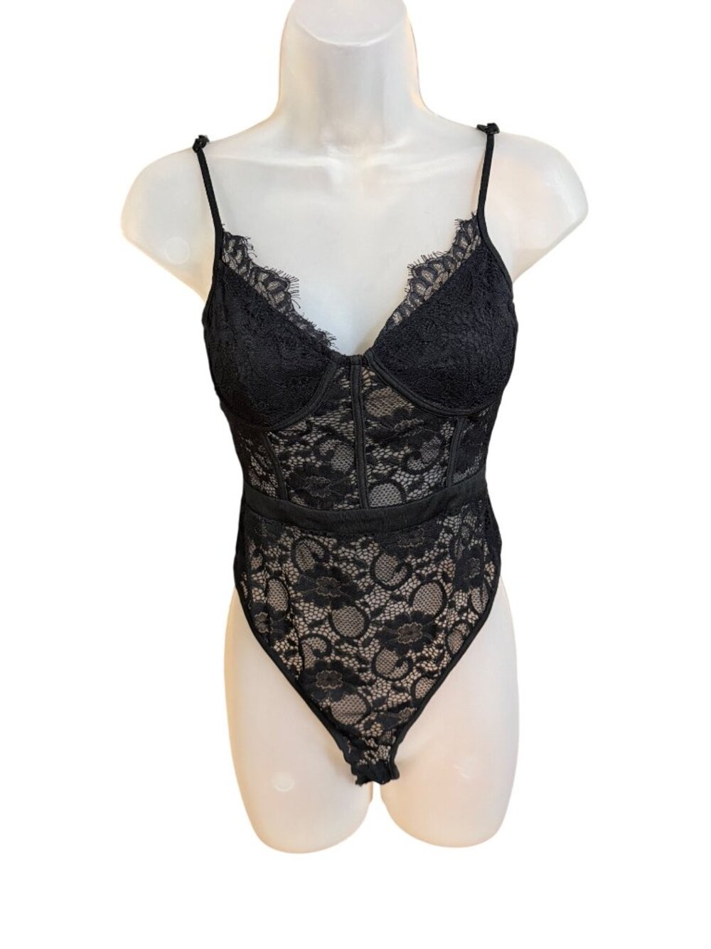 Naanaa Black Lace Sheer Bodysuit With Adjustable Straps UK 6 US 2